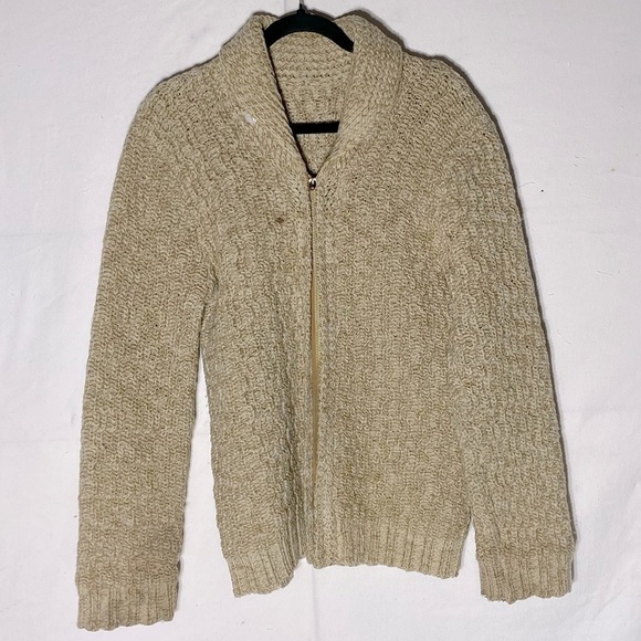 Vintage Hand Knit Ecru Shawl Collar Full Zip Cardigan Sweater L - Picture 2 of 14